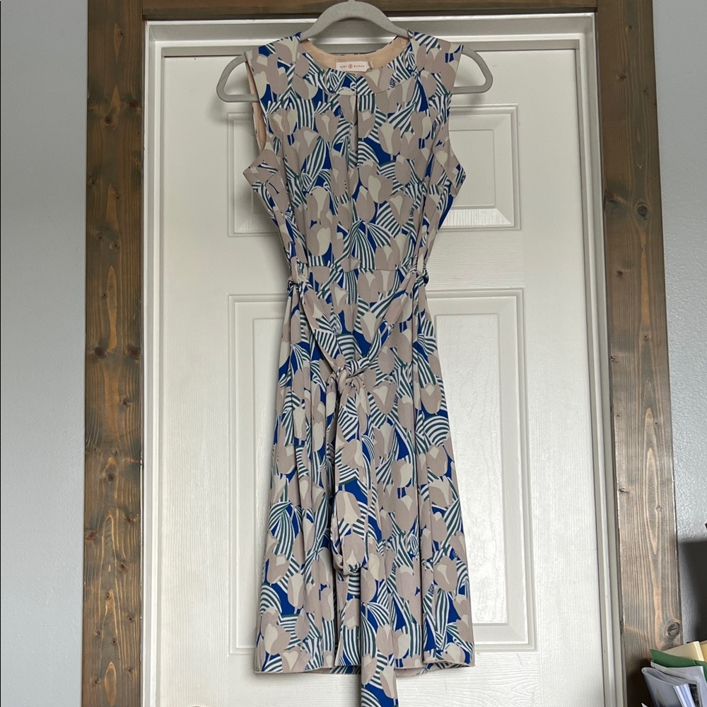 Tory Burch Blue and Cream Leaf Print Midi Dress